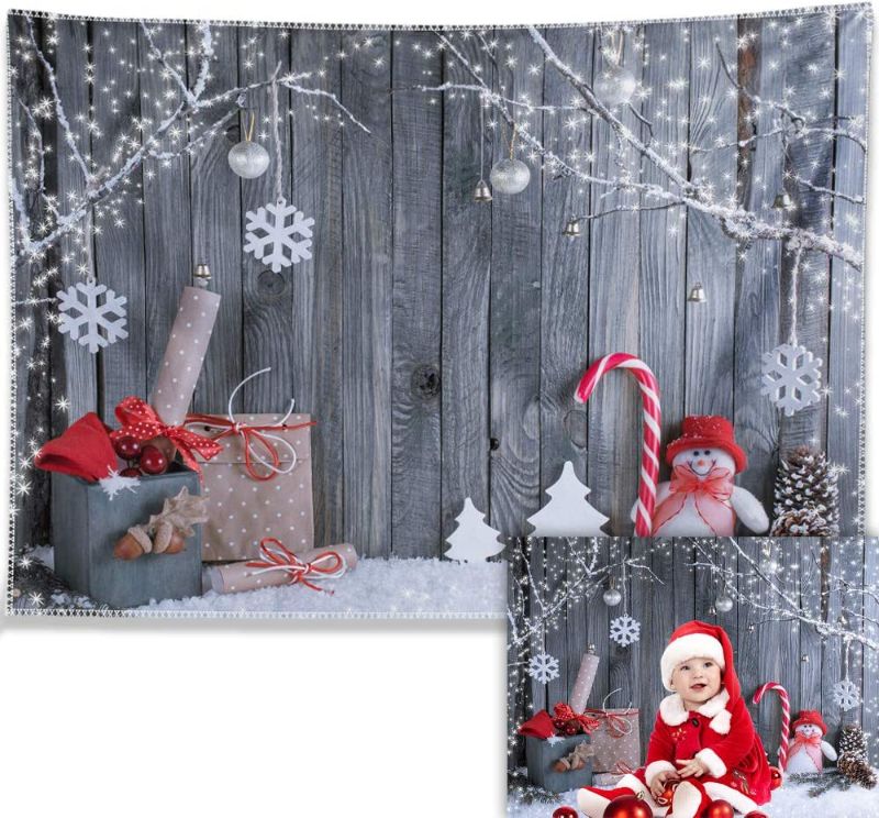 Photo 1 of 7x5ft Fabric Christmas Photography Backdrop Winter Snowman Santa Gift Wood Background Xmas Eve Holiday Party Supplies Cake Table Banner Home Decoration Portraits Photo Booth Studio Prop
