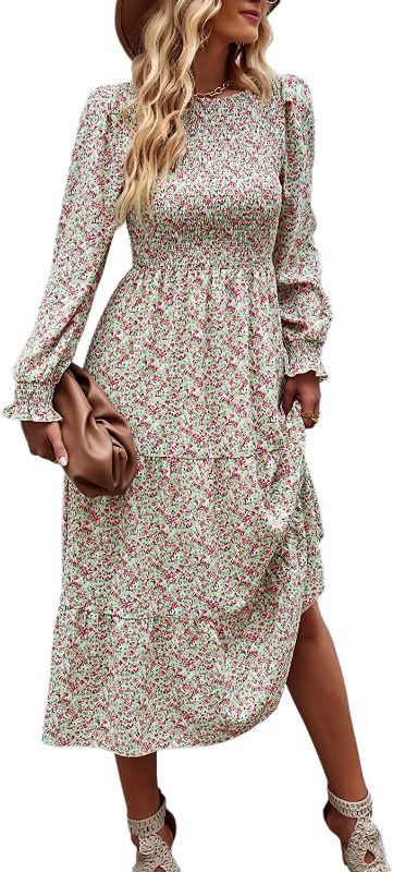 Photo 1 of iRACHEU Women's Long Sleeve Floral Print Midi Fall Dress Ruffled Bohemian Hem Tunic Flowy Swing Maxi Dress
