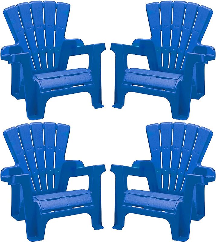 Photo 1 of American Plastic Toys Kids’ Adirondack Chairs (Pack of 4), Blue, Outdoor, Indoor, Beach, Backyard, Lawn, Stackable, Lightweight, Portable, Wide Armrests, Comfortable Lounge Chairs for Children
