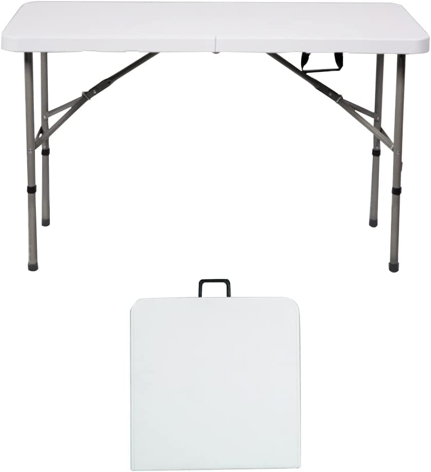 Photo 1 of 4ft Folding Tables, Picnic Table Indoor Outdoor Portable Folding Tables with Carry Handle, Foldable Camping Table Folding Desk for Picnic Party Camping, Metal Frame, White
