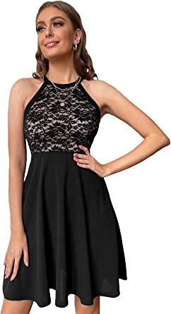 Photo 1 of ***OPENED LIKE NEW*** WDIRARA Women's Floral Lace Halter Zipper Back Sleeveless Flared A Line Summer Dress X-Small Yellow and Black
