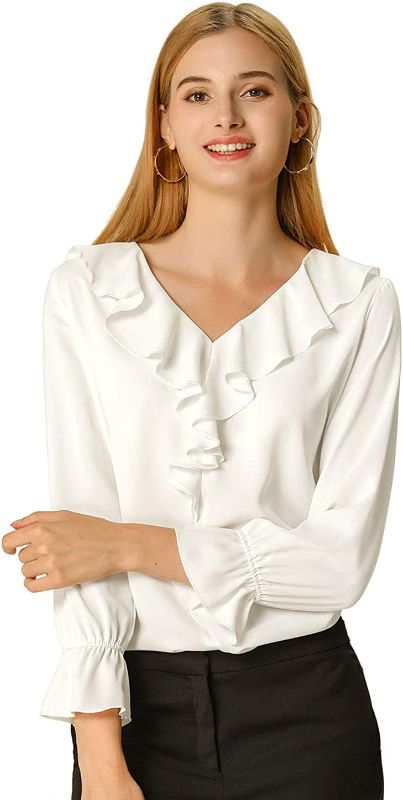 Photo 1 of Allegra K Women's Peasant Top Office Work Chiffon Ruffle Neck Vintage Blouse
