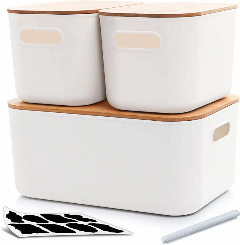 Photo 1 of ***DAMAGED*** Set of 3 Storage Bins with Bamboo Lids Plastic Storage Containers for Organizing Stackable Storage Box 