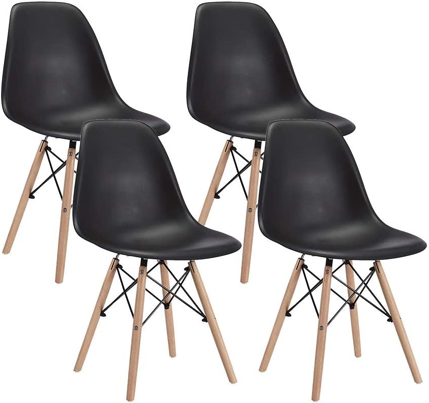 Photo 1 of CangLong Modern Mid-Century Shell Lounge Plastic DSW Natural Wooden Legs for Kitchen, Dining, Bedroom, Living Room Side Chairs, Set of 4, Black
