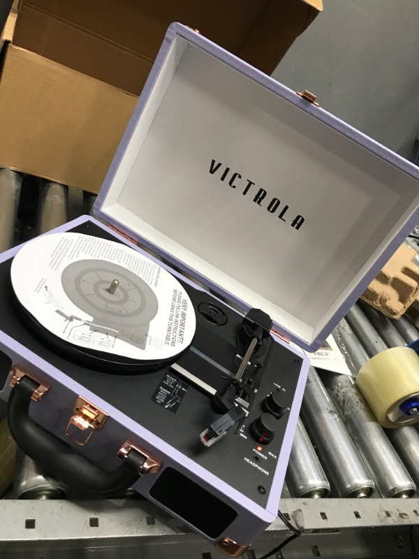 Photo 2 of Victrola Vintage 3-Speed Bluetooth Portable Suitcase Record Player with Built-in Speakers | Upgraded Turntable Audio Sound | Lavender (VSC-550BT-LVG) Lavender/Silver Record Player