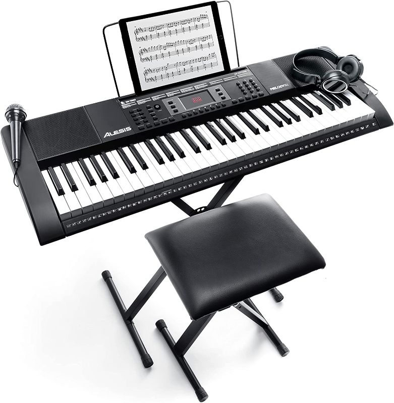 Photo 1 of 094318023624Alesis Melody 61 Key Keyboard Piano for Beginners with Speakers, Stand, Bench, Headphones, Microphone, Sheet Music Stand, 300 Sounds and Music Lessons
