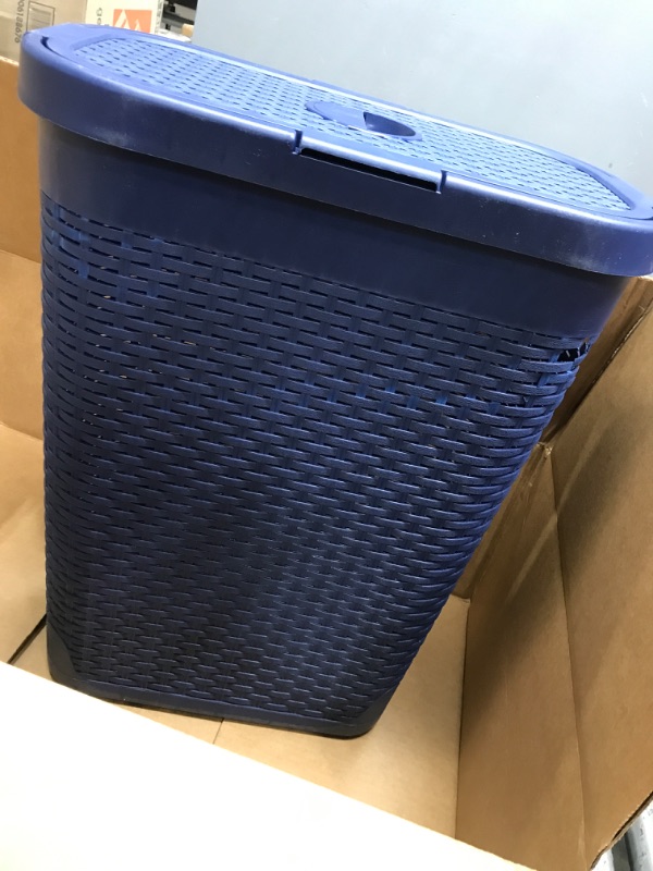 Photo 2 of ** SIDE DAMAGED ** Mind Reader Basket Collection, Slim Laundry Hamper, 40 Liter (15kg/33lbs) Capacity, Cut Out Handles, Attached Hinged Lid, Ventilated, Navy Single Navy
