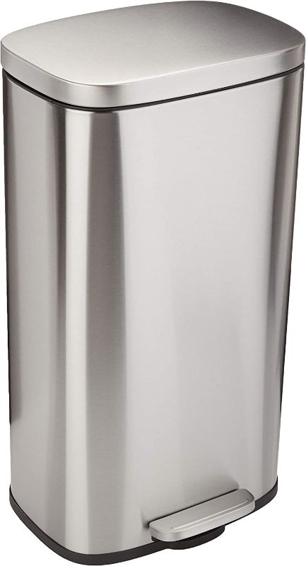 Photo 1 of Amazon Basics 30 Liter / 7.9 Gallon Soft-Close, Smudge Resistant Trash Can with Foot Pedal - Brushed Stainless Steel, Satin Nickel Finish
