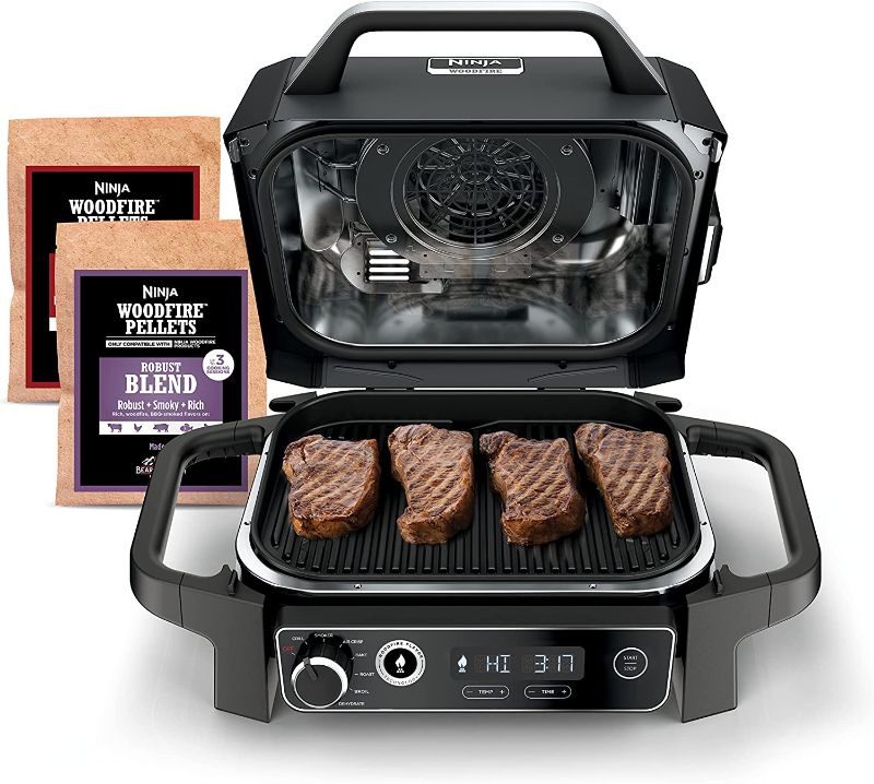 Photo 1 of ***NON FUNCTIONAL****   Ninja OG701 Woodfire Outdoor Grill, 7-in-1 Master Grill, BBQ Smoker, & Outdoor Air Fryer plus Bake, Roast, Dehydrate, & Broil, Woodfire Technology, uses Ninja Woodfire Pellets, Weather-Resistant, Grey
