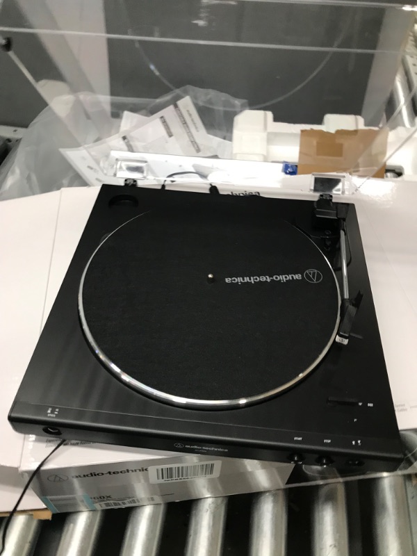 Photo 3 of Audio-Technica AT-LP60X-BK Fully Automatic Belt-Drive Stereo Turntable, Black, Hi-Fi, 2 Speed, Dust Cover, Anti-Resonance, Die-Cast Aluminum Platter
NEEDS REPAIRS