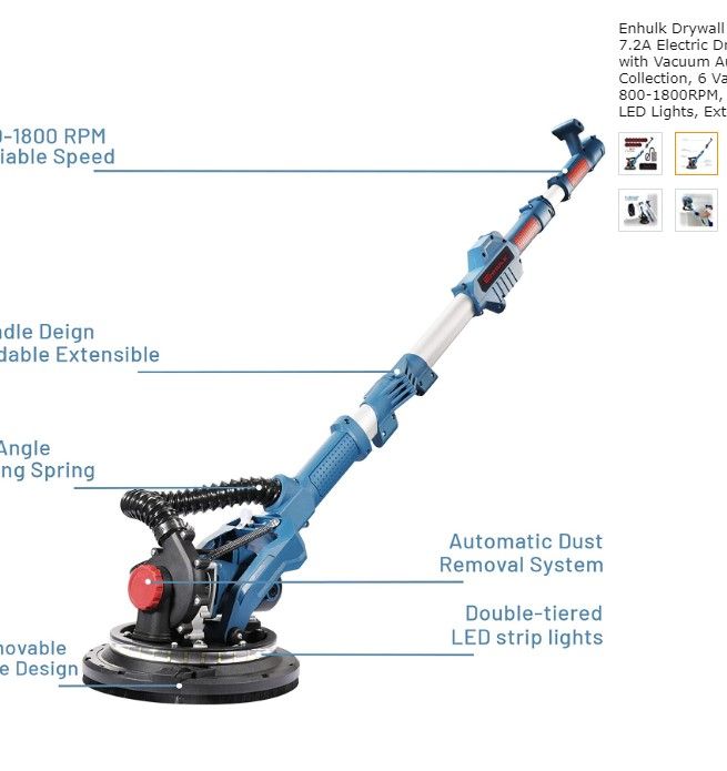 Photo 1 of Drywall Sander, TOKTOO Electric Drywall Sander with Vacuum Attachment, 13 Sanding Discs, LED and 6 Variable Speed, Extendable Handle and Carrying Bag
NEEDS REPAIR
