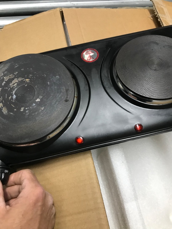 Photo 2 of Elite Gourmet EDB-302BF# Countertop Double Cast Iron Burner, 1500 Watts Electric Hot Plate, Temperature Controls, Power Indicator Lights, Easy to Clean, Black
