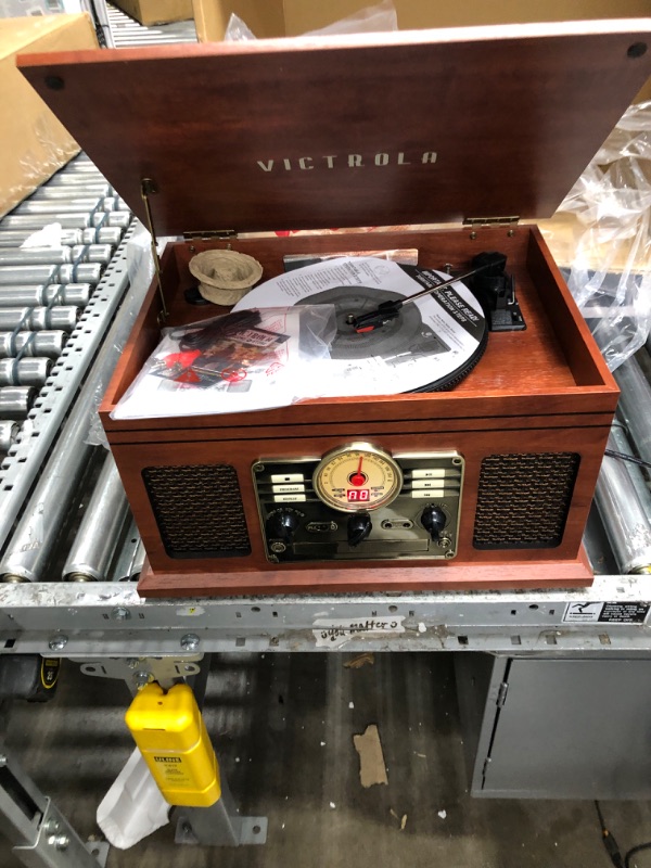 Photo 2 of ***TESTED***POWERED ON**Victrola Nostalgic 6-in-1 Bluetooth Record Player & Multimedia Center with Built-in Speakers - 3-Speed Turntable, CD & Cassette Player, FM Radio | Wireless Music Streaming | Mahogany Mahogany Entertainment Center