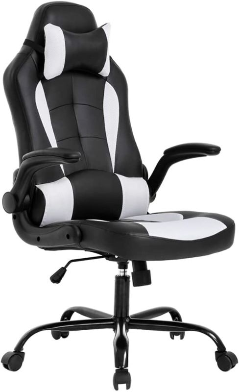 Photo 1 of BestOffice PC Gaming Chair Ergonomic Office Chair Desk Chair with Lumbar Support Flip Up Arms Headrest PU Leather Executive High Back Computer Chair for Adults Women Men (White)