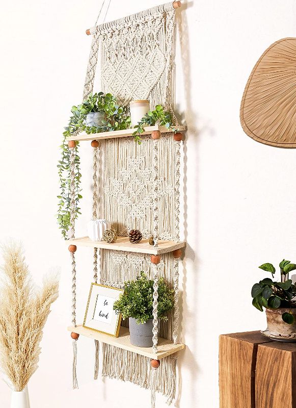 Photo 1 of ***SIMILAR STYLE*** Induslyfe Tier 3 Macrame Wall Hanging Shelf Rack for Hanging Wall Decor Boho Shelf Wall Decor Plant Shelf, Boho White Hanging Shelf Woven Rope for Bedroom, Bookshelf
