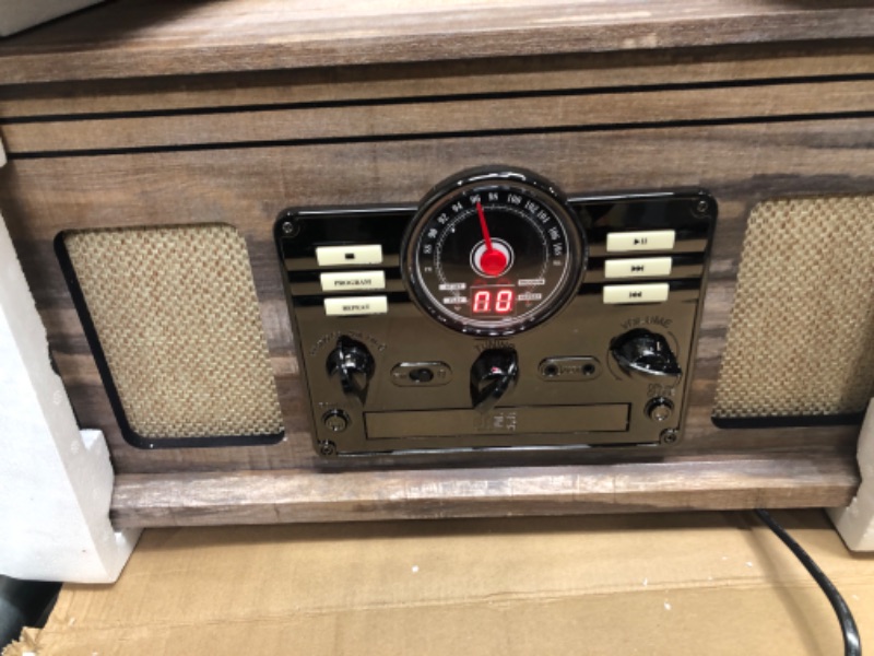 Photo 2 of Victrola Nostalgic 6-in-1 Bluetooth Record Player & Multimedia Center & Cassette Player, AM/FM Radio | Wireless Music Streaming | Farmhouse Shiplap Grey & Wooden Record Crate, Wood Color Farmhouse Shiplap Grey Entertainment Center + Record