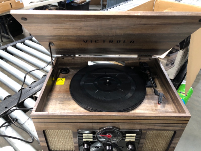 Photo 4 of Victrola Nostalgic 6-in-1 Bluetooth Record Player & Multimedia Center & Cassette Player, AM/FM Radio | Wireless Music Streaming | Farmhouse Shiplap Grey & Wooden Record Crate, Wood Color Farmhouse Shiplap Grey Entertainment Center + Record