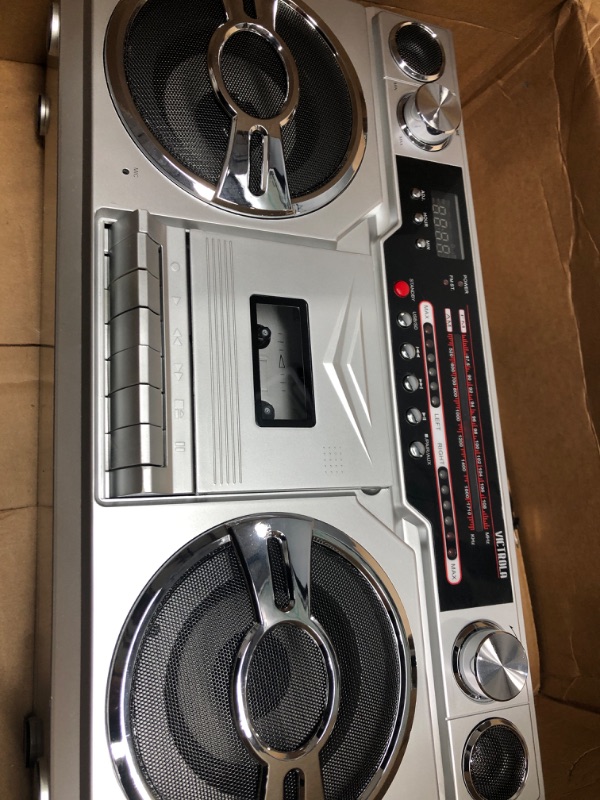 Photo 3 of Victrola 1980s Retro Bluetooth Boombox with Cassette Player and AM/FM Radio, Wired and Wireless Streaming, Classic 80s Style with Modern Technology, Silver