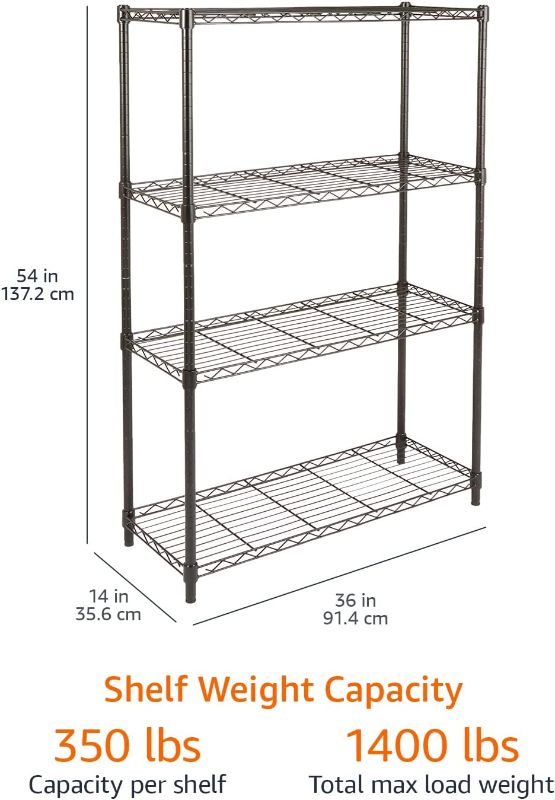 Photo 1 of Amazon Basics 4-Shelf Adjustable, Heavy Duty Storage Shelving Unit (350 lbs loading capacity per shelf), Steel Organizer Wire Rack, Black (36L x 14W x 54H) Black 4-Shelf Storage Unit without Caster