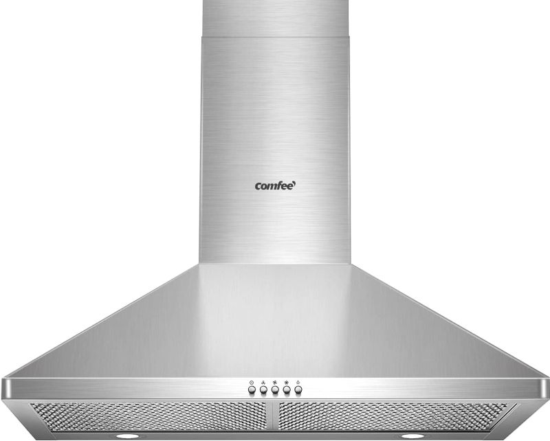 Photo 1 of *** POWERS ON ***Comfee CVP30W6AST Ducted Pyramid Range 450 CFM Stainless Steel Wall Mount Vent Hood with 3 Speed Exhaust Fan, 5-Layer Aluminum Permanent Filters, Two LED Lights, Convertible to Ductless, 30 inches
