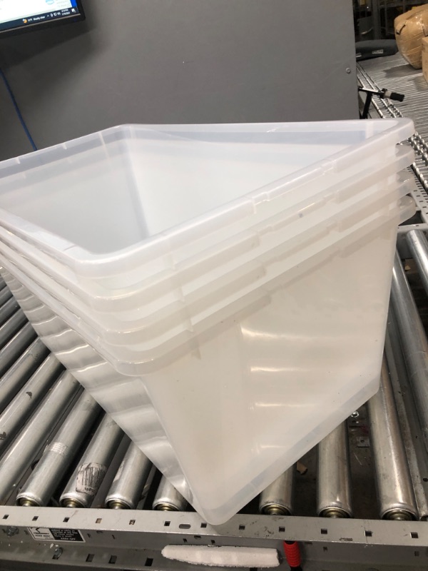 Photo 4 of 2 lid are broken 
IRIS USA 91 Quart Large Storage Bin Utility Tote Organizing Container Box with Buckle Down Lid for Clothes Storage, 4 Pack, Clear, Clear/Black (500184) h) 91 Qt. - 4 Pack