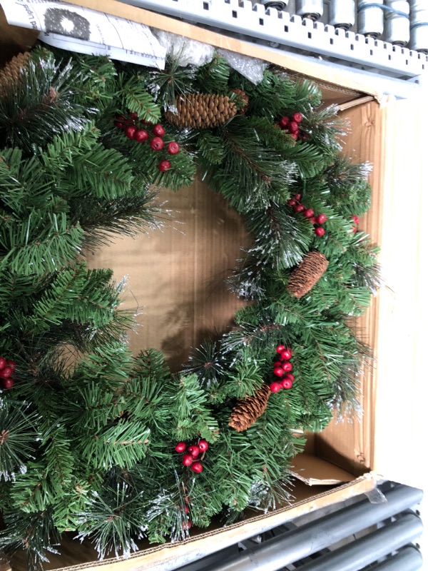 Photo 2 of **box has been opened**
National Tree 30 Inch Crestwood Spruce Wreath with Silver Bristles, Cones, Berries and 50 Battery Operated Warm White LED Lights with Timer (CW7-309L-30W-B1), 30 in, Green, Red 30 in Silver Bristles, Red Berries, Glitter, Battery-O