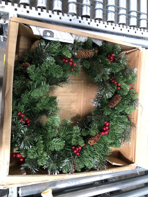 Photo 4 of **box has been opened**
National Tree 30 Inch Crestwood Spruce Wreath with Silver Bristles, Cones, Berries and 50 Battery Operated Warm White LED Lights with Timer (CW7-309L-30W-B1), 30 in, Green, Red 30 in Silver Bristles, Red Berries, Glitter, Battery-O