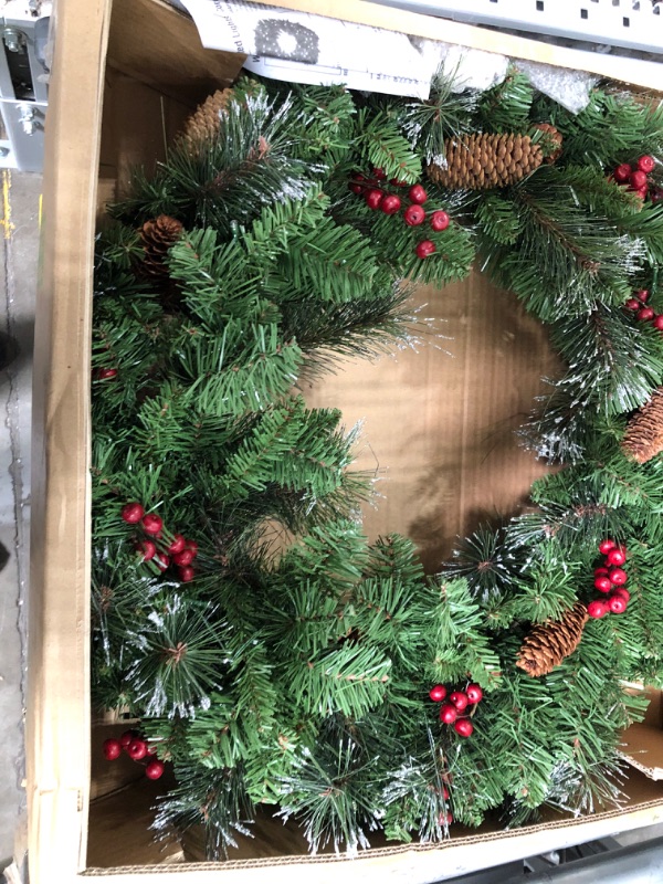Photo 3 of **box has been opened**
National Tree 30 Inch Crestwood Spruce Wreath with Silver Bristles, Cones, Berries and 50 Battery Operated Warm White LED Lights with Timer (CW7-309L-30W-B1), 30 in, Green, Red 30 in Silver Bristles, Red Berries, Glitter, Battery-O