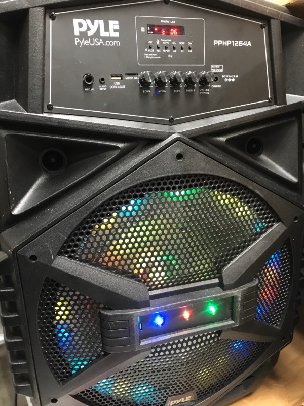 Photo 2 of Pyle Portable Bluetooth PA Speaker System - 1000W Outdoor Bluetooth Speaker Portable PA System w/Microphone in, Party Lights, USB SD Card Reader, FM Radio, Wheels - Mic, Remote Control PPHP1264A