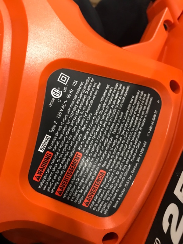 Photo 1 of BLACK+DECKER Leaf Blower & Leaf Vacuum, 3-in-1, 12-Amp, 250-MPH, 400-CFM (BV6000)