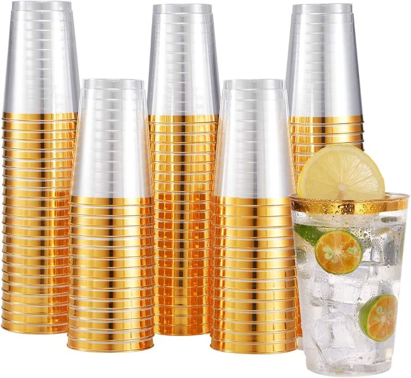 Photo 1 of 100 PACK Gold Plastic Cups,12 Oz Clear Plastic Cups Tumblers, Elegant Gold Rimmed Plastic Cups, Disposable Cups With Gold Rim Perfect For Wedding,Thanksgiving Day, Christmas, Halloween Party Cups
