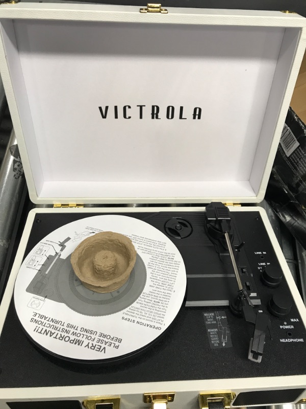 Photo 3 of *** POWERS ON *** Victrola Vintage 3-Speed Bluetooth Portable Suitcase Record Player with Built-in Speakers | Upgraded Turntable Audio Sound| White (VSC-550BT-WH) White Record Player