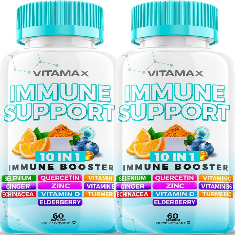 Photo 1 of 10-in-1 Immune System Support Booster with Elderberry, D3, Selenium, Quercetin, Zinc, Vitamin C, Ginger, Turmeric Curcumin, B6, Echinacea – Natural Immune 