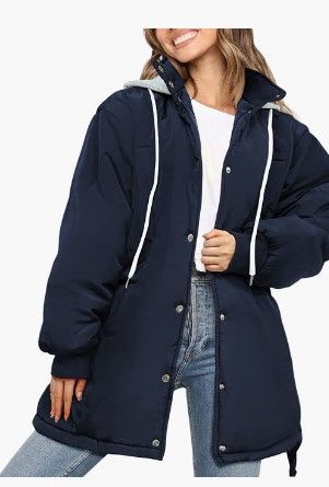 Photo 1 of XXS-----PRETTYGARDEN Women's 2023 Hooded Puffer Jackets Long Sleeve Button Down Belted Warm Winter Trench Coat Outerwear With Pockets
