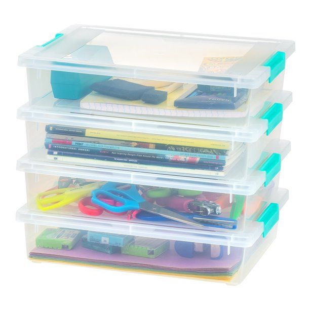 Photo 1 of *MISSING1 3 TOTAL* IRIS USA 6 Quart Clip Box, Clear Plastic Storage Bins with Secure Latching Buckles, Large, Clear/Seafoam Blue, 3 Pack
