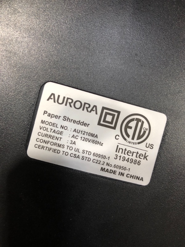 Photo 3 of ***PARTS ONLY***DAMAGED**
Aurora AU1210MA Professional Grade High Security 12-Sheet Micro-Cut Paper/ CD and Credit Card/ 60 Minutes Continuous Run Time Shredder