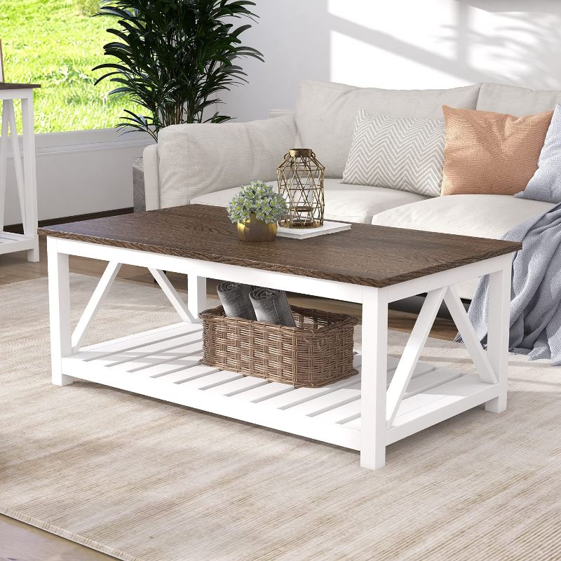 Photo 1 of ChooChoo Farmhouse Coffee Table, Rustic Vintage Living Room Table with Shelf, 40 White