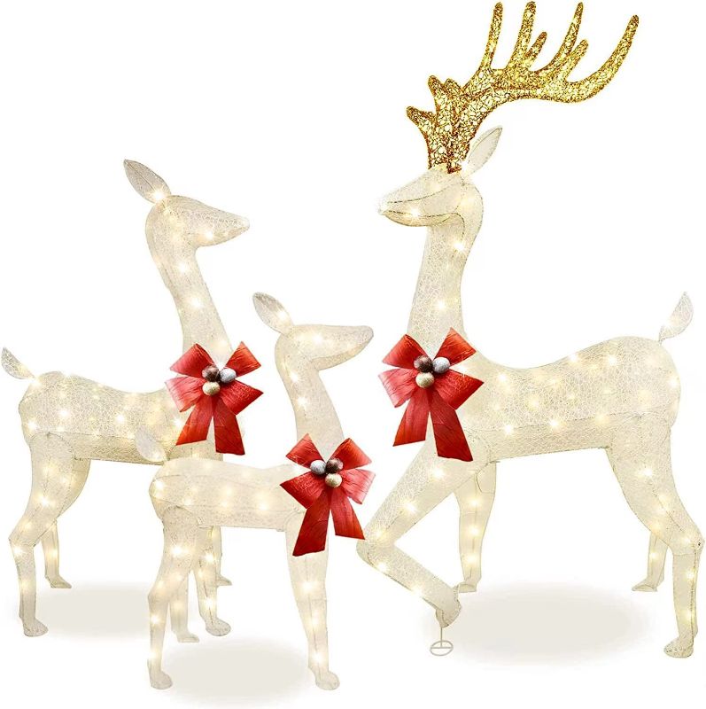 Photo 1 of (Super Large Size) 3-Piece Reindeer Christmas Decorations Outdoor Indoor, Lighted LED Christmas Deer Family Set with 230 LEDs, Pre-lit Buck, Doe and Fawn with Stakes, Zip Ties for Home Yard Lawn Xmas
