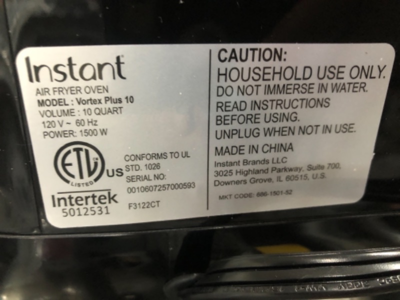 Photo 1 of *** POWERS ON ***Instant Vortex Plus 10-Quart Air Fryer, From the Makers of Instant Pot, 7-in-10 Functions, with EvenCrisp Technology, App with over 100 Recipes, Stainless Steel 10QT Vortex Plus