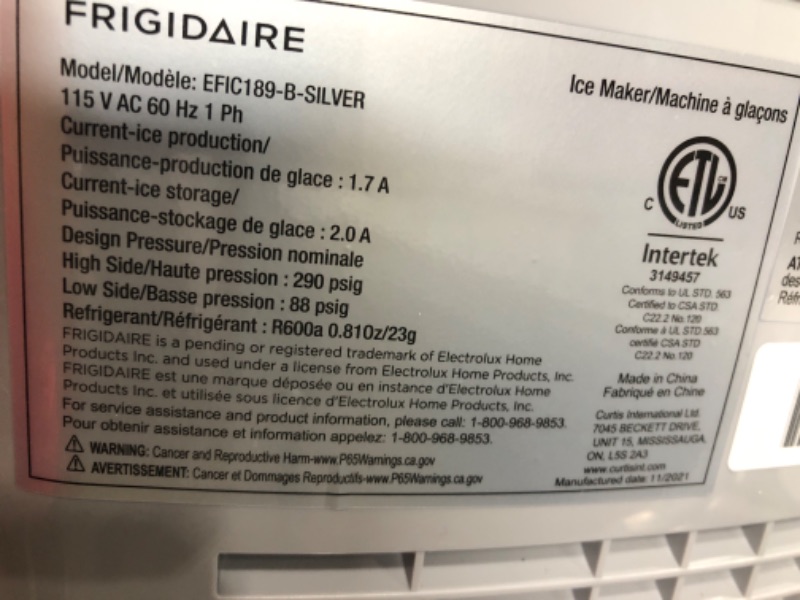 Photo 8 of *** POWERS ON *** FRIGIDAIRE EFIC189-Silver Compact Ice Maker, 26 lb per Day, Silver (Packaging May Vary) Silver Ice Maker