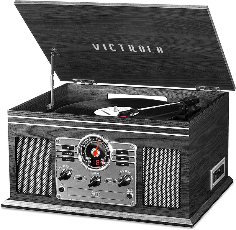 Photo 1 of *** WOOD DAMAGE SEE PICTURES ***Victrola Nostalgic 6-in-1 Bluetooth Record Player & Multimedia Center with Built-in Speakers - 3-Speed Turntable, CD & Cassette Player, AM/FM Radio | Wireless Music Streaming | Grey | wood
