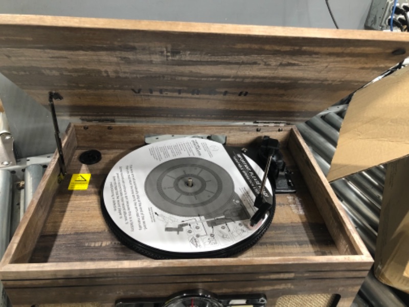 Photo 2 of Victrola Nostalgic 6-in-1 Bluetooth Record Player & Multimedia Center & Cassette Player, AM/FM Radio | Wireless Music Streaming | Farmhouse Shiplap Grey & Wooden Record Crate, Wood Color Farmhouse Shiplap Grey Entertainment Center + Record