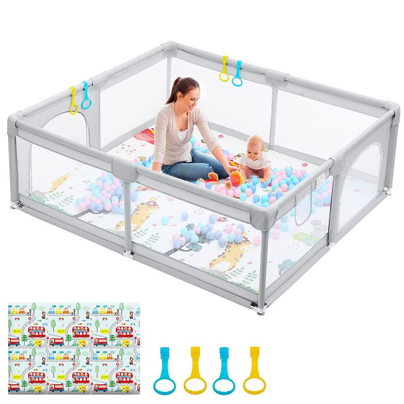 Photo 1 of 79"×71" Large Baby Playpen with Mat - Play Pens for Babies and Toddlers, Baby Play Yards with Gate, Baby Play Area with Soft Breathable Mesh, Indoor Kids Activity Center, Playpen for Babies, Grey
