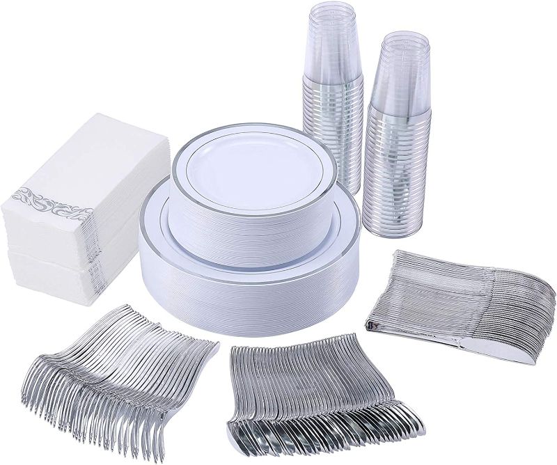 Photo 1 of 350 Piece Silver Dinnerware Set 50 Guest-100 Silver Rim Plastic Plates-50 Silver Plastic Silverware-50 Silver Plastic Cups-50 Linen Like Silver Paper Napkins,FOCUSLINE Disposable Dinnerware Set
