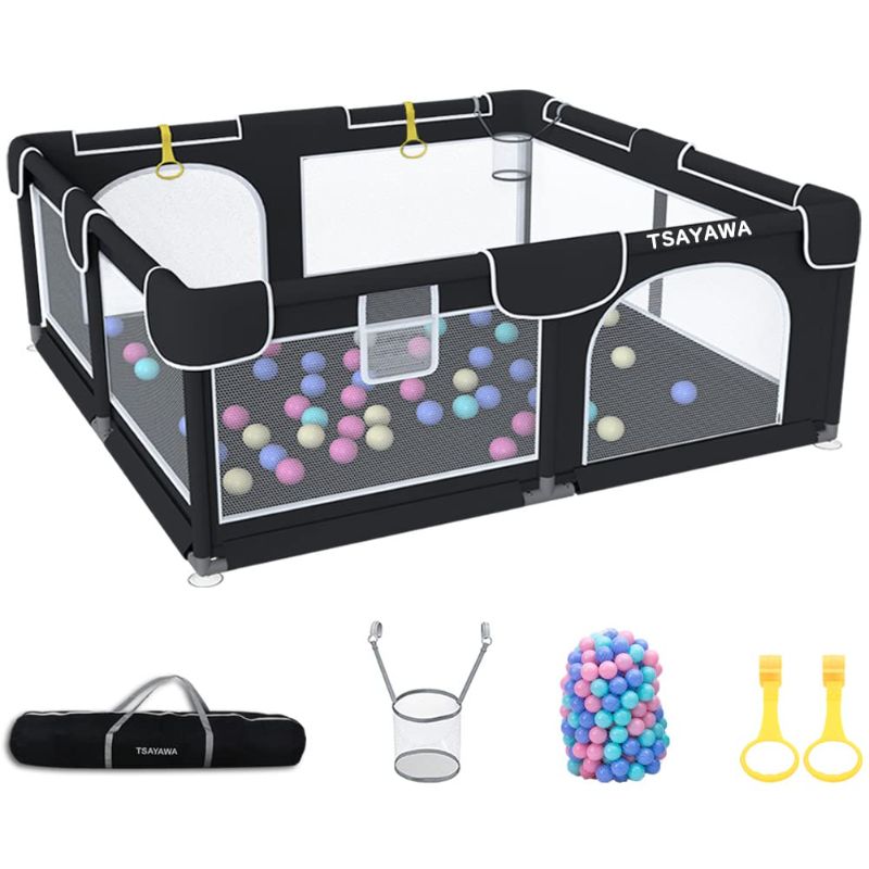 Photo 1 of Extra Large Baby Playpen for Babies Toddlers 59"X70" -Portable Baby Playard with 2 Door for Indoor - Black Baby Play Yard Fence with 50 Ocean Balls 2 Pull Rings A Storage Bag