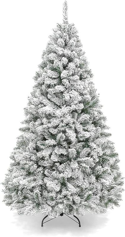 Photo 1 of 6Ft Artificial Christmas Pine Tree, Flocked Christmas Full Tree with Pre-Decorated Holiday Christmas Tree with 600 Branches and Solid Metal Stand for Home, Office, Christmas Party Decoration (White)
