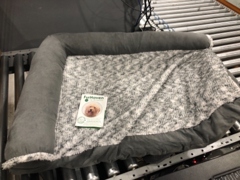 Photo 2 of *USED*Furhaven Two-Tone Faux Fur & Suede L Shaped Chaise Egg Crate Orthopedic Foam Dog Bed - Stone Gray, Medium