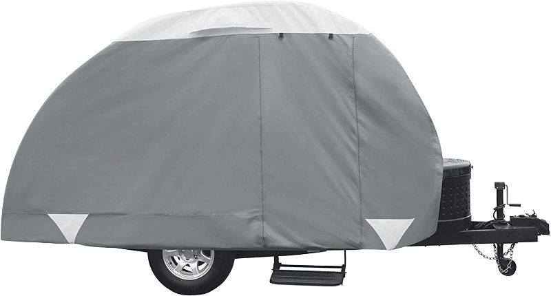 Photo 1 of Classic Accessories Over Drive PolyPRO3 Deluxe Teardrop Trailer Cover, Fits 10' - 12', Tear-Resistant, Travel Trailer Storage Cover, Compatible with R-Pod Trailers, Clamshell Trailers, Grey/White
