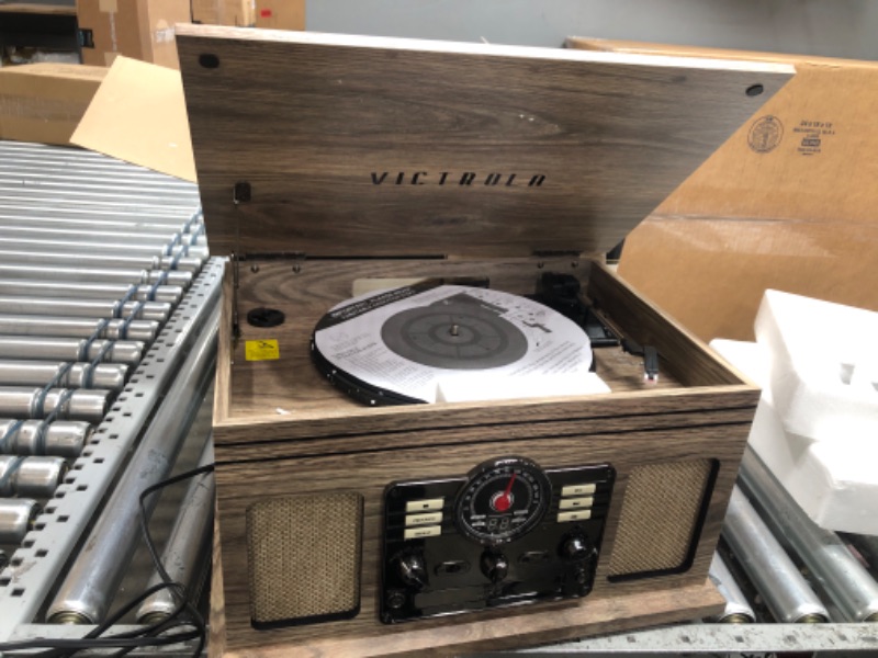 Photo 2 of Victrola Nostalgic 6-in-1 Bluetooth Record Player & Multimedia Center with Built-in Speakers - 3-Speed Turntable, CD & Cassette Player, AM/FM Radio | Wireless Music Streaming | Farmhouse Oatmeal Farmhouse Oatmeal Entertainment Center