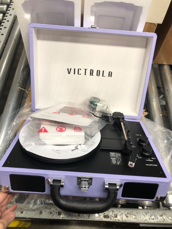 Photo 3 of Victrola Vintage 3-Speed Bluetooth Portable Suitcase Record Player with Built-in Speakers | Upgraded Turntable Audio Sound | Lavender (VSC-550BT-LVG) Lavender/Silver Record Player